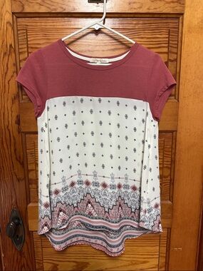 Rewind Short Sleeve Paisley Colorblock Top - Dusty Rose & Ivory